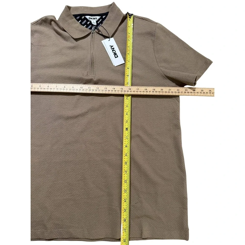 NWT DKNY Men's Polo Shirt Large Brown Tan Waffle Textured Knit Quarter Zip